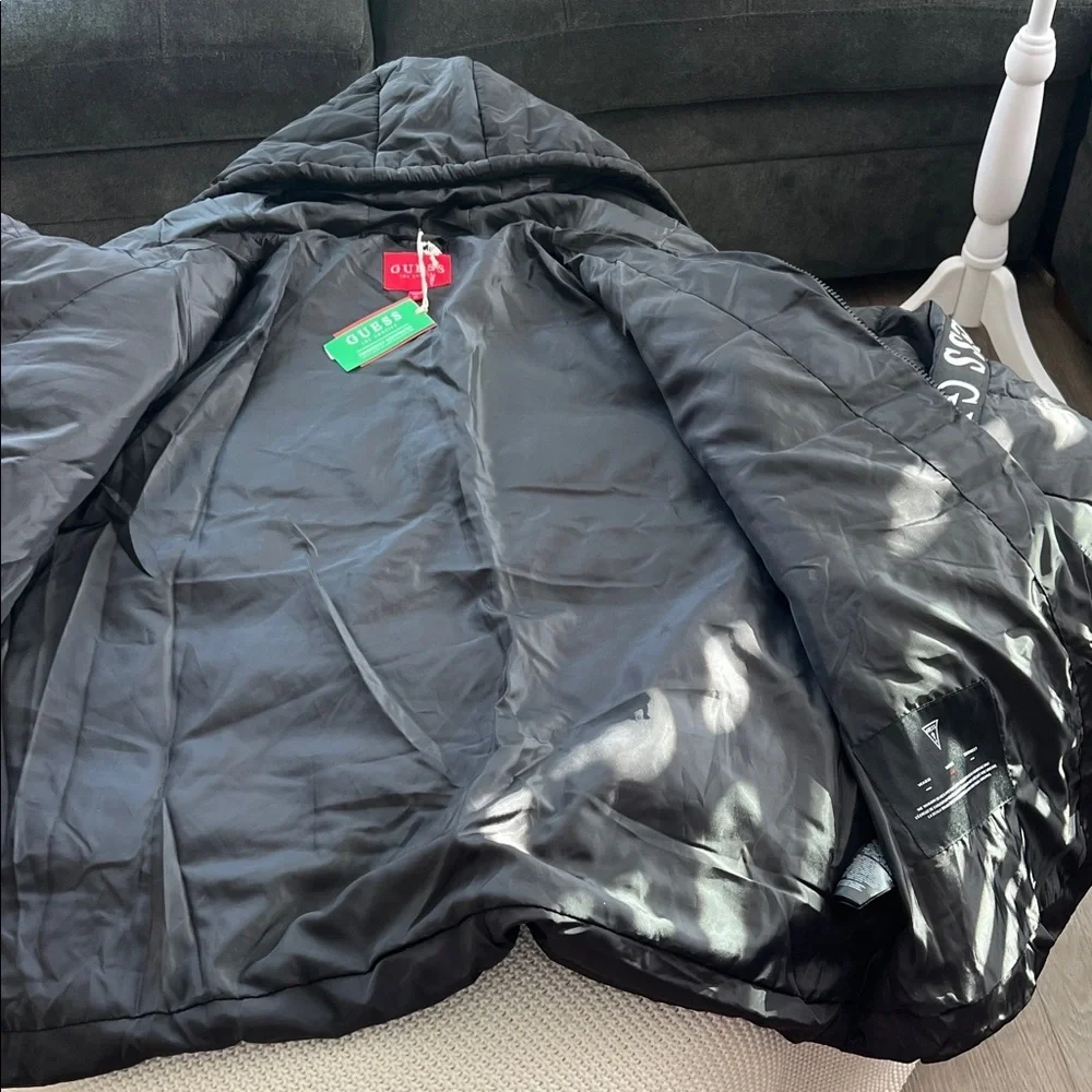 Guess Black Quilted Jacket with Logo Sleeves
